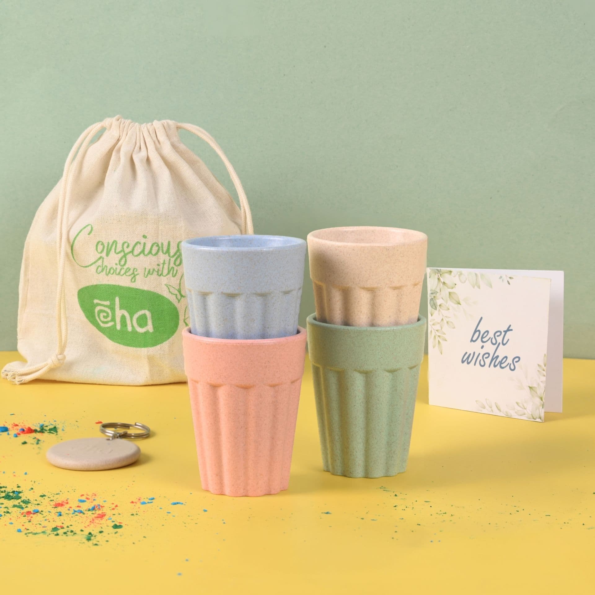 earth friendly cutting chai cups with holi gulal 3 x 50g 100 ml coffee cup set of 4 made with rice husk bamboo fibers holi gift pack - Thulira sustainable product