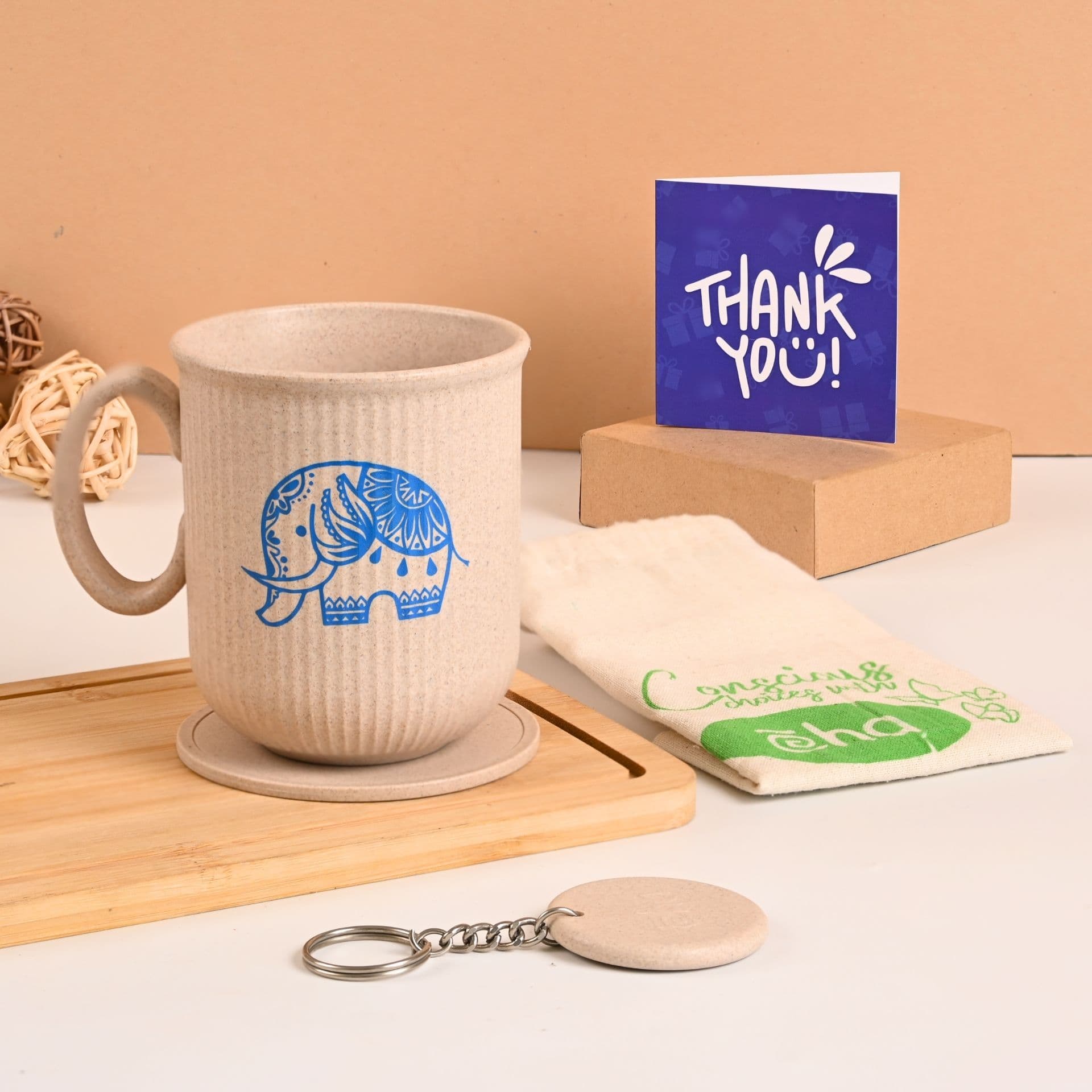 earth friendly statement coffee mugs 1 unit 300 ml elephant printed mug coaster key chain made with rice husk gift for men gifts for women mugs for gift - Thulira sustainable product