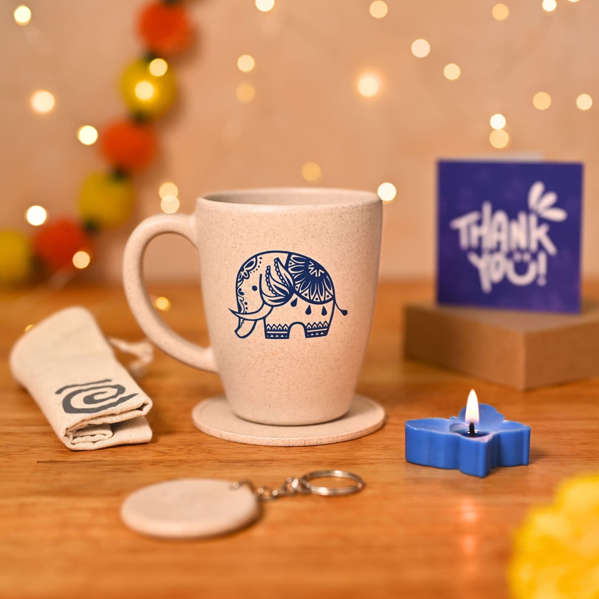 eha earth friendly diwali gift hampers elephant printed mug coaster key chain candle gift bag card made with rice husk gift for sister gifts for women mugs for gift 300 ml - Thulira sustainable product