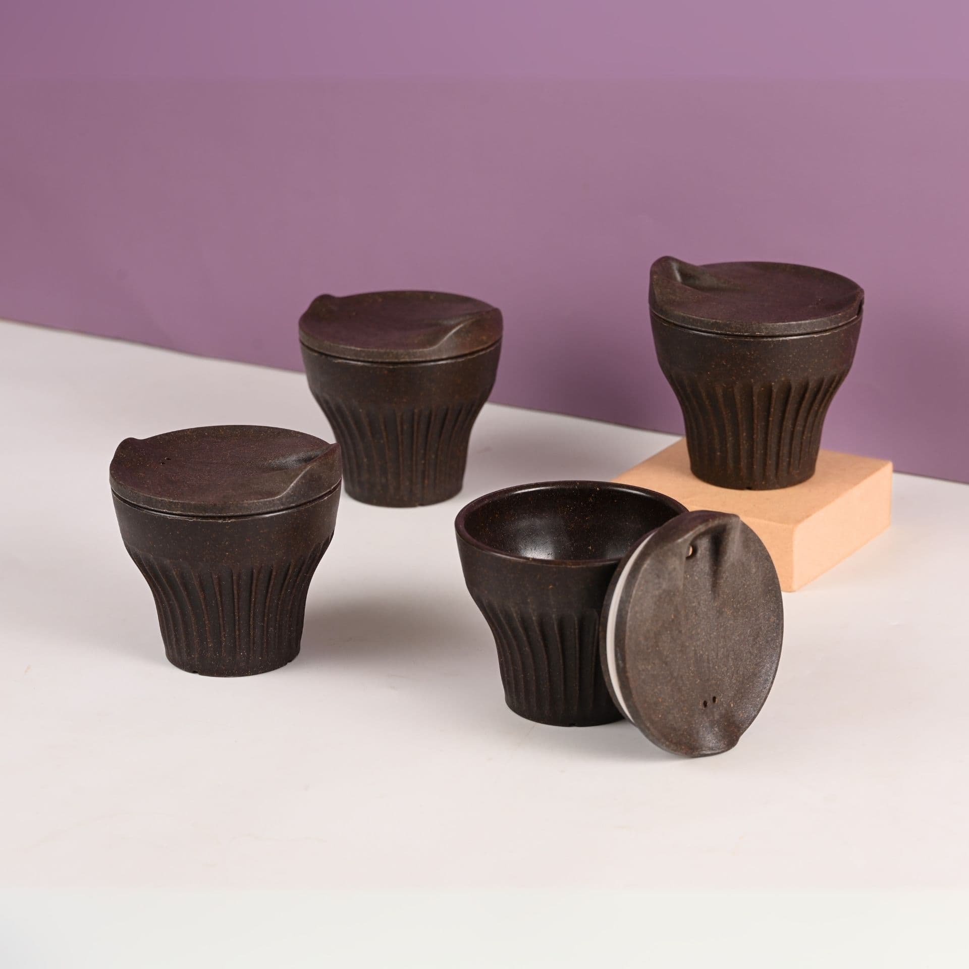 eha earth friendly rafter coffee mug with lid set of 4 250 ml tea cup set made with rice husk microwave safe mugs for gifting - Thulira sustainable product
