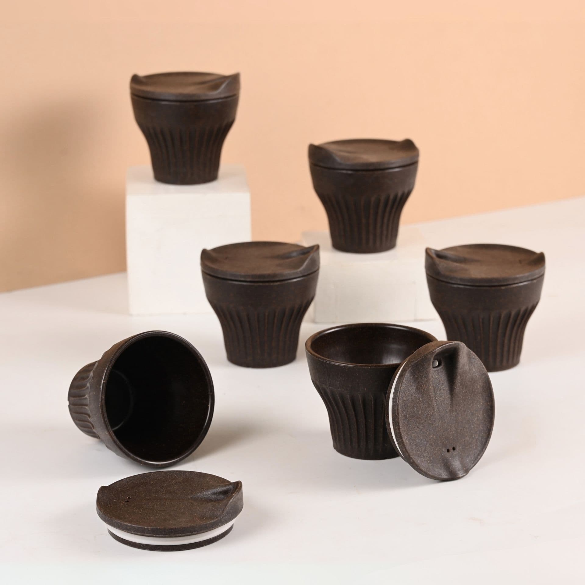 eha earth friendly rafter coffee mug with lid set of 6 250 ml tea cup set made with rice husk microwave safe mugs for gifting - Thulira sustainable product