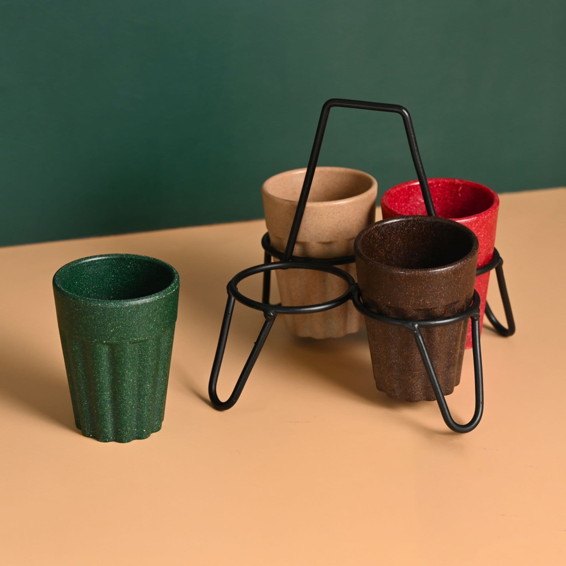 cutting chai with stand 100 ml set of 4 earth friendly unbreakable cups made with rice husk bamboo fibers for hot cold servings - Thulira sustainable product
