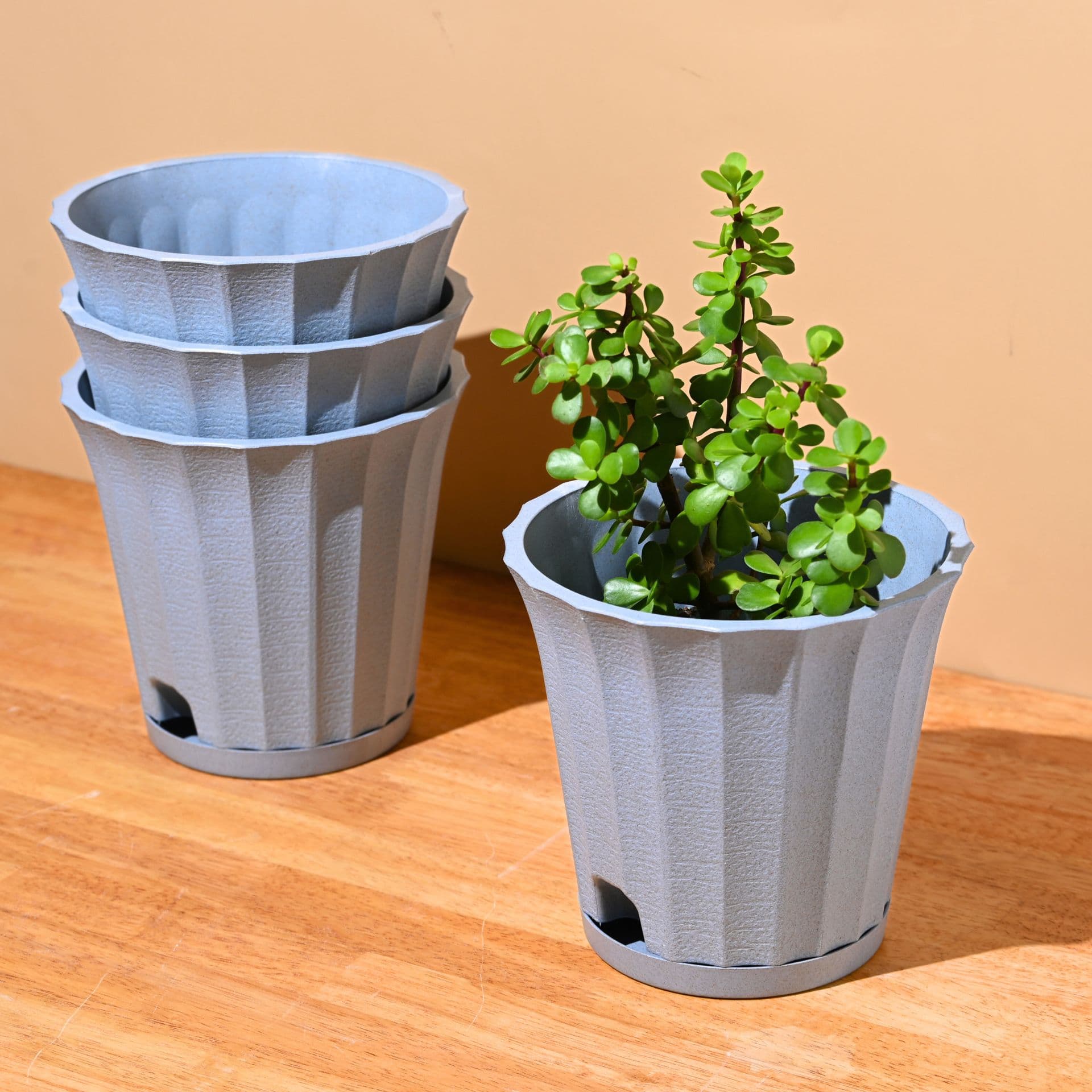 earth friendly ace 7 inch set of 4 small self watering pots for indoor plants plant pot made with bamboo fibers table top planters for home decor flower pot for living room - Thulira sustainable product