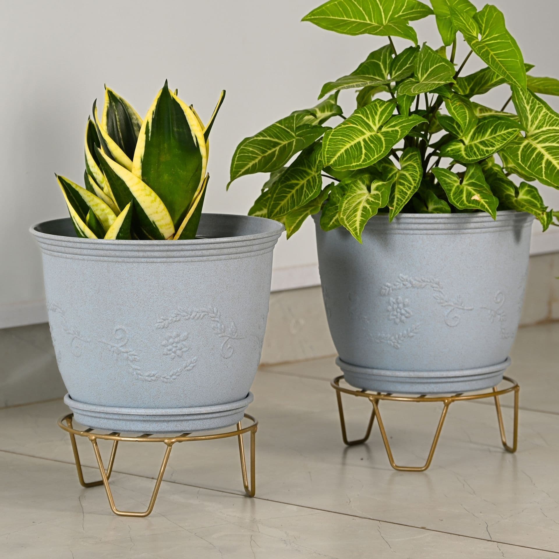 earth friendly 10 leafy planters with tray stand set of 2 bamboo fiber uv protected drainage hole pots for indoor outdoor balcony garden - Thulira sustainable product