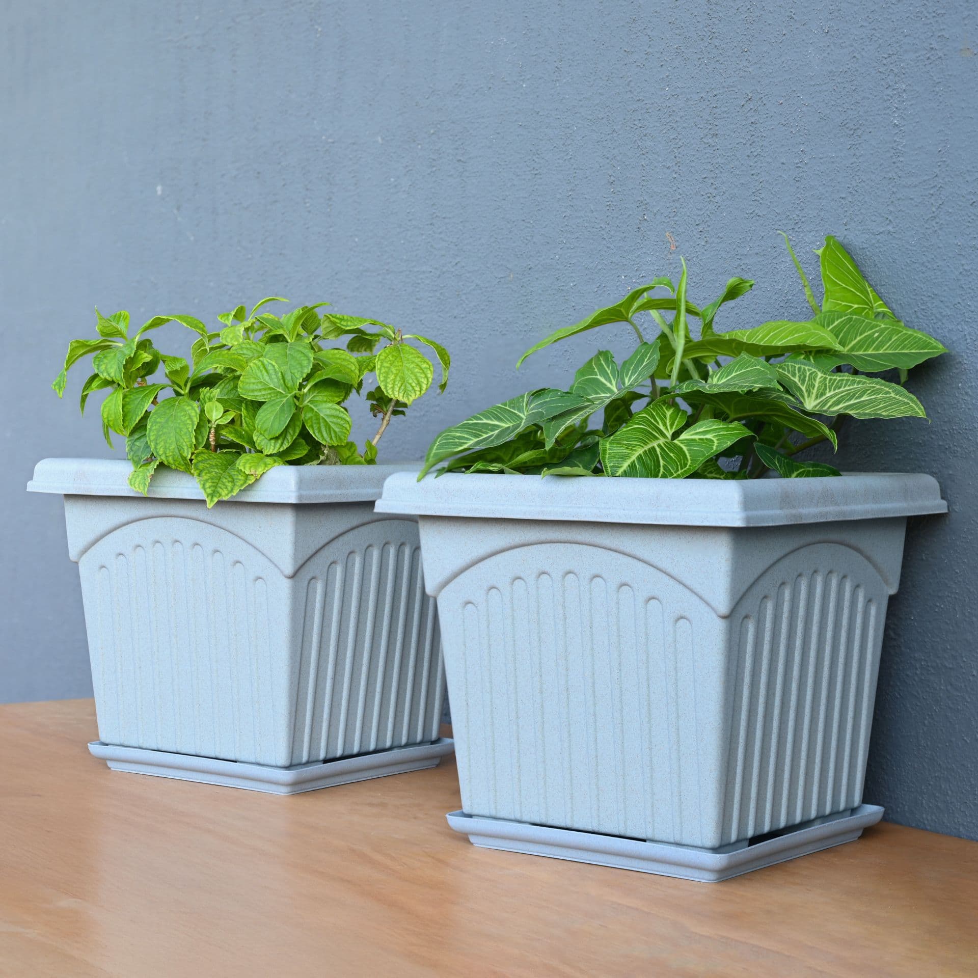 earth friendly 12 archway planters with tray set of 2 plant pot made with rice husk biocomposite uv protected drainage hole pots for indoor outdoor balcony garden - Thulira sustainable product