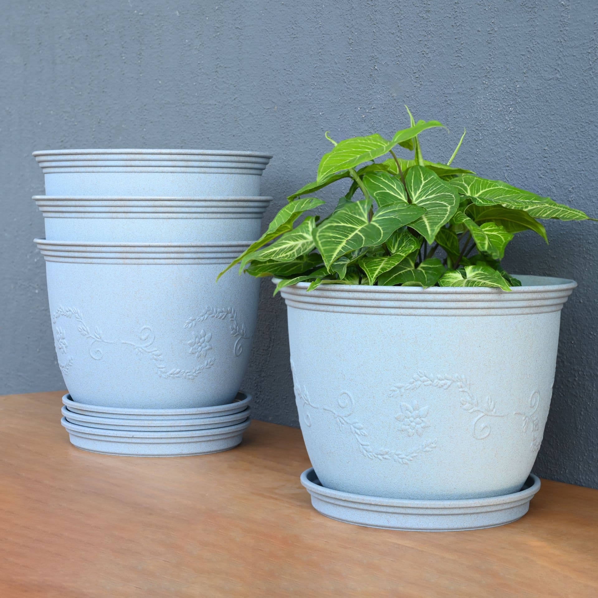 earth friendly planters leafy 12 inch set of 4 bamboo based pots and planters with tray uv protected eco friendly planters for indoor outdoor home decor balcony garden - Thulira sustainable product