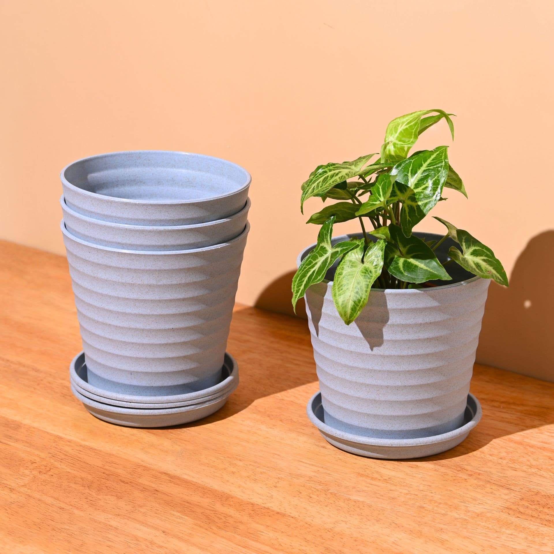 earth friendly planters linea 5 5 inch set of 4 bamboo pots planters with trays uv protected eco friendly planters for indoor outdoor home decor balcony garden - Thulira sustainable product