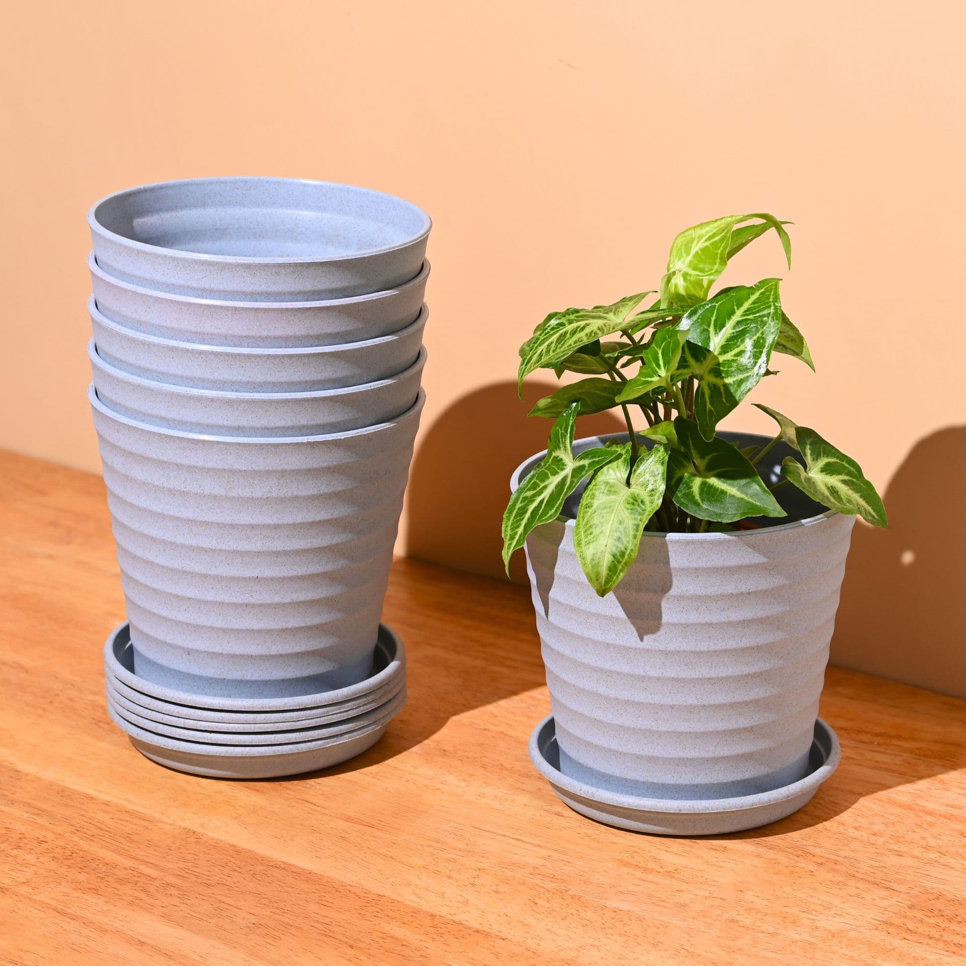 earth friendly planters linea 5 5 inch set of 6 bamboo pots planters with trays uv protected eco friendly planters for indoor outdoor home decor balcony garden - View 1