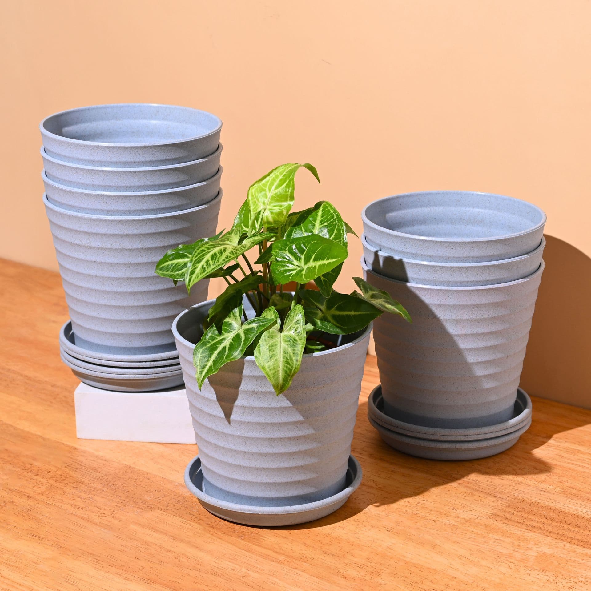 earth friendly planters linea 5 5 inch set of 8 bamboo pots planters with trays uv protected eco friendly planters for indoor outdoor home decor balcony garden - View 1